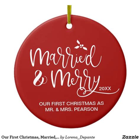 Our First Christmas Married Merry Red Photo Ceramic Ornament