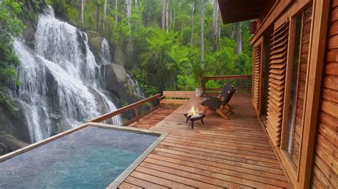 Cozy Cabin Deck Ambience With Rainforest Waterfall View And Private