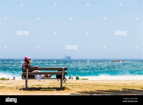 Woman On A Bench On The Extremely Windy Beach In Camps Bay Cape Town Stock Photo Alamy