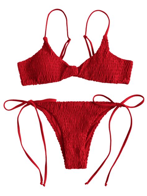 Twist Smocked Side Tie Bikini Set Red Wine S Bikinis Tie Bikini