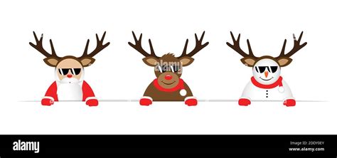 Funny Christmas Cartoon With Cute Reindeer Santa Claus And Snowman With Sunglasses And Antler