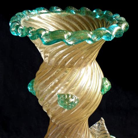 Barovier Toso Murano Green Roses Gold Flecks Italian Art Glass Flower Vase For Sale At 1stdibs