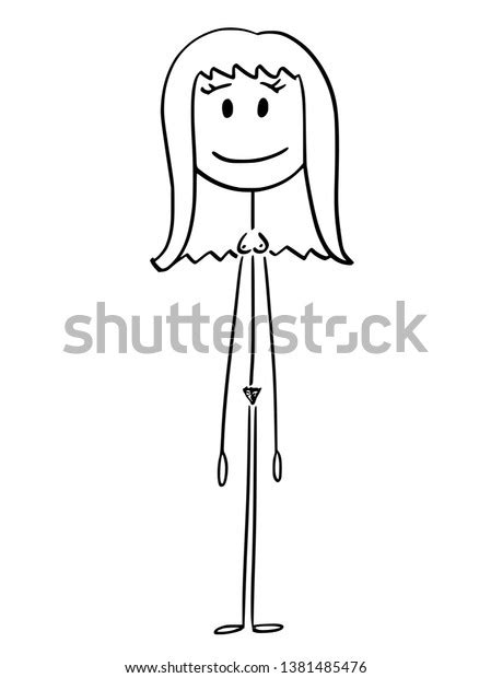 Cartoon Stick Figure Drawing Conceptual Illustration Of Front Of Naked Or Nude Woman Standing