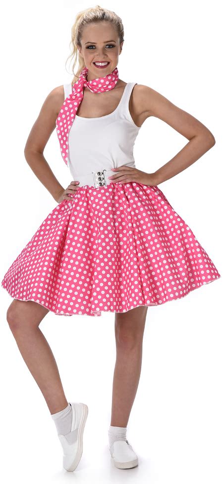 Pink Polka Dot Skirt Ladies Fancy Dress 50s Rock N Roll Womens Adults