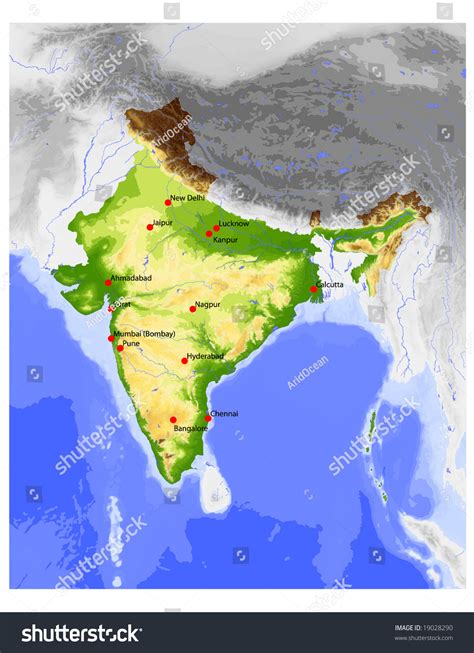 India Physical Vector Map Colored According To Elevation With Rivers
