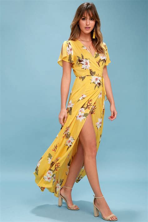 Heart Of Marigold Yellow Tropical Print Wrap Maxi Dress Summer