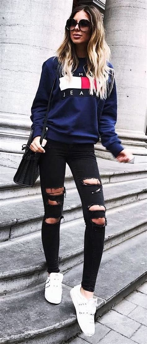 12 Cute Ways To Wear Ripped Jeans Ripped Jeans Outfit Black Ripped Jeans Outfit Sweatshirts