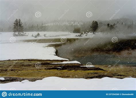 Winter Snowing Geothermal Pool Yellowstone Stock Photo Image Of