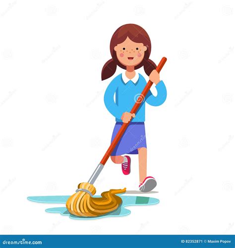Kid Cleaning Floor With Dust Mop Wet Broom Stock Vector Illustration