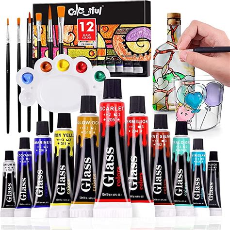 Colorful Acrylic Glass Paint Set With 6 Brushes 1 Palette 12 Colors Glass Paints