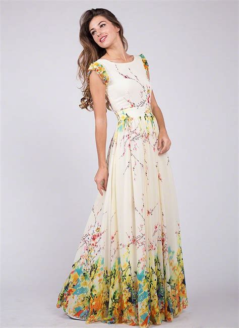 Artsy Yellow Chiffon Floral Prom Dress With Rainbow Floral Print And E