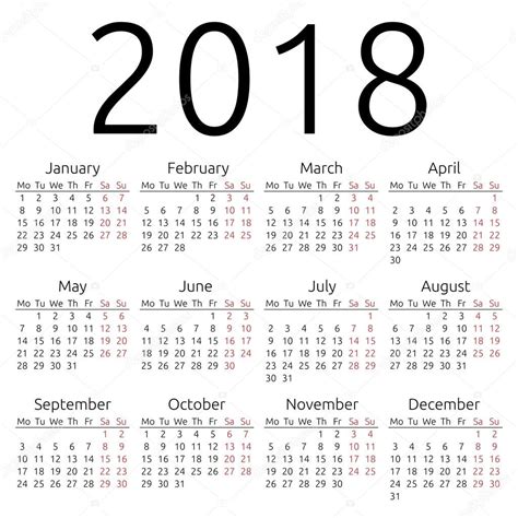 Simple Vector Calendar 2018 — Stock Vector © Dmitryguzhanin 69310763