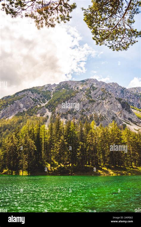 Gruner See Austria Peaceful Mountain View With Famous Green Lake In