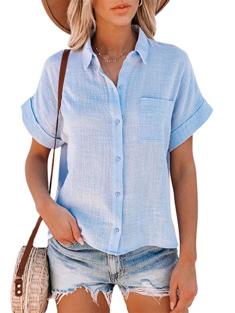 Womens Short Sleeve V Neck Top Blouses Summer Lapel Cotton And Linen Tops Button Down Business