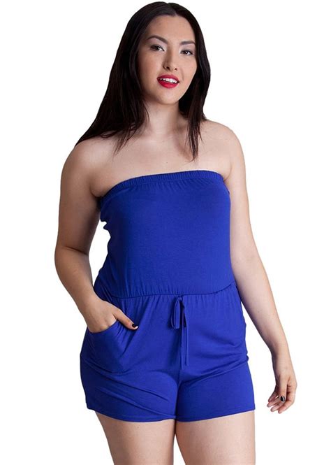 Woman Royal Blue Plus Size Front Tie Strapless Tube Romper Clothing Strapless