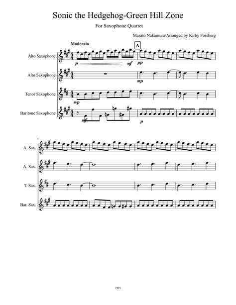 Green Hill Zone Sax Quartet Sheet Music For Saxophone Alto Solo