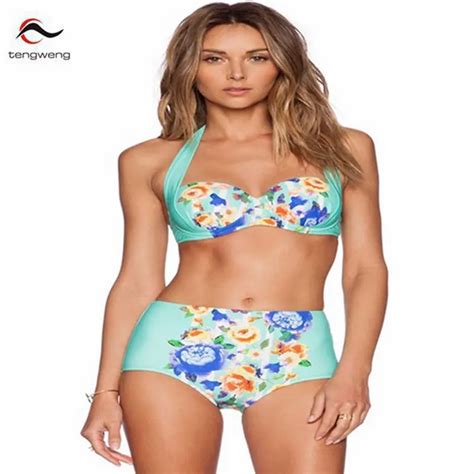 Tengweng 2016 Women Sexy Push Up Bikini Set Halter Straps Swimsuit Fresh Floral Print Swimwear