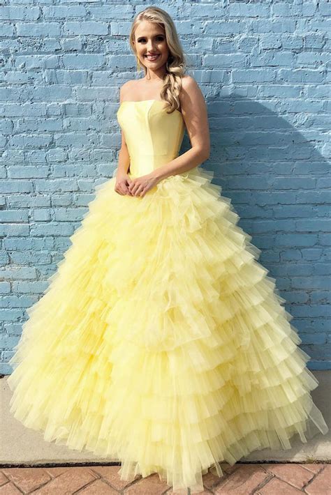 Princess Strapless Tiered Floor Length Yellow Ball Gown Prom Dress Okl3