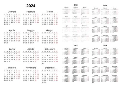 Premium Vector 2024 2025 2026 2027 2028 Italian Calendars Printable