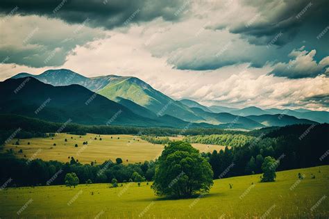 Premium Ai Image Field With Tall Green Mountains Around It Under An
