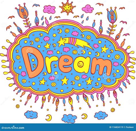 Doodle Illustration With Dream Word Cartoon Lettering Art Stock Vector