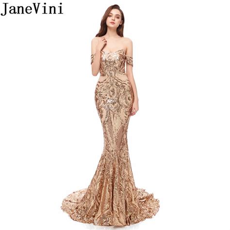 Janevini Luxury Gold Prom Dresses Long Arabic Mermaid Party Gowns Sexy