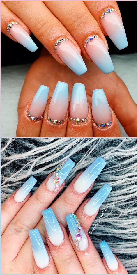 Cute Baby Blue Ombre Acrylic Nails With Rhinestones Ideas