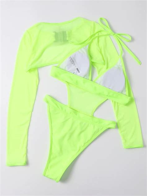 2pack Neon Lime Contrast Mesh One Piece Swimsuit SHEIN