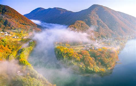 Wallpaper Autumn Forest Trees Mountains Fog River Japan Okayama