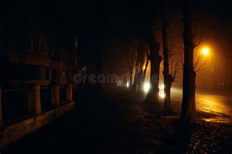 Fog In The Night City After Rain Car Headlights Editorial Image