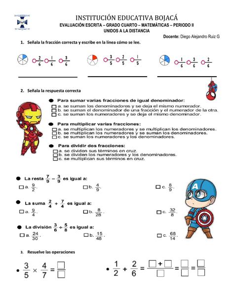 Ejercicio De Evaluación De Fracciones Grado 4to