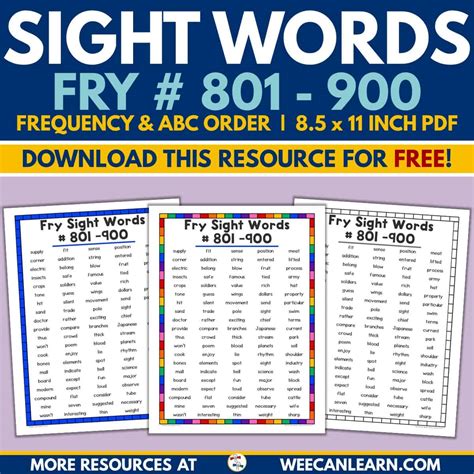 Fry Sight Word List 801 900 Alphabetical Frequency Free Download