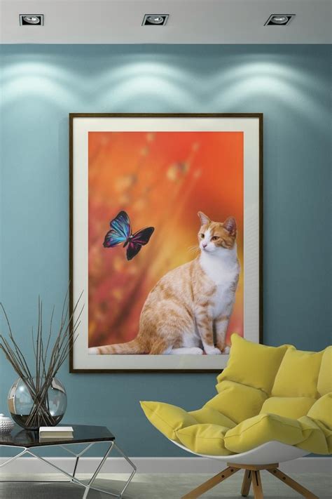 Dew Drops Cat Butterfly Hanging Wall Art Printable Animal Wall Art