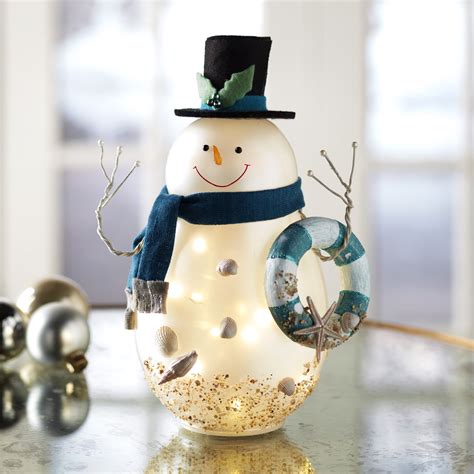 Lighted Glass Snowman Tabletop Decoration With Scarf And Themed Accents