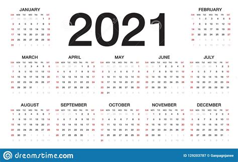 De Kalender 2021 Week Begint Van Zondag Bedrijfsmalplaatje Vector