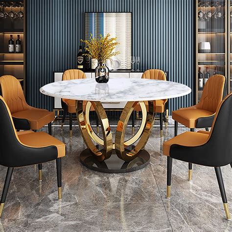 Modern Round White Dining Table With Marble Top And Stainless Steel Frame