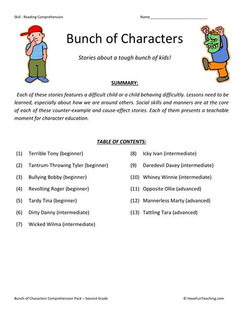As second graders struggle with new concepts and skills, parents and teachers can lend them a helping hand by providing them with plenty of opportunities to practice what they are learning. Reading Comprehension Worksheet - Bunch of Characters