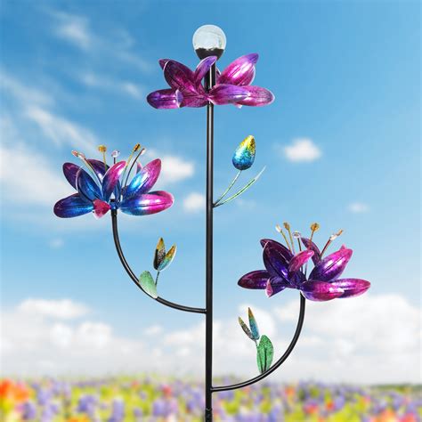 Triple Kinetic Flower Wind Spinner Garden Stake With Solar Color