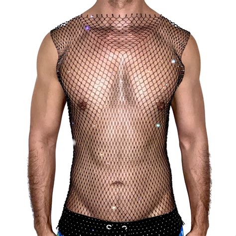 Men Rhinestone Black Mesh Fishnet Crystal Diamond Tank Top Etsy