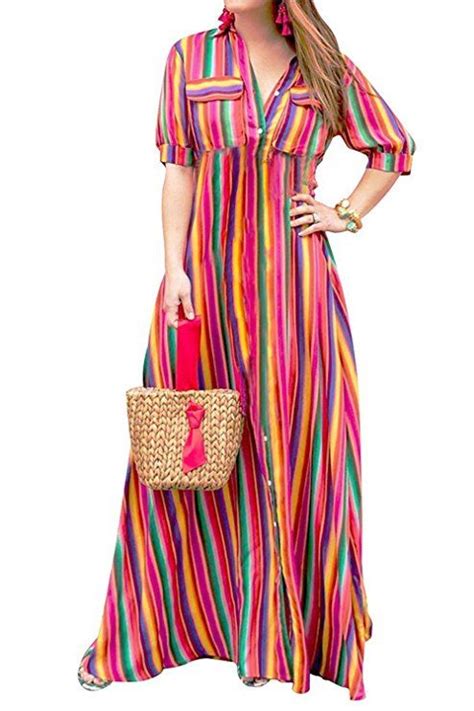 Lamissche Womens Rainbow Button Down Roll Up Sleeve Stripes Maxi Dress