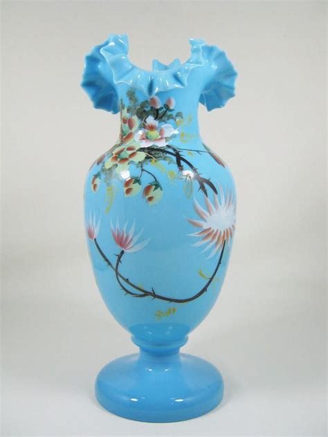 Antique Victorian Bohemian Harrach Art Glass Robin Egg Blue Floral Enameled Vase 1798737076