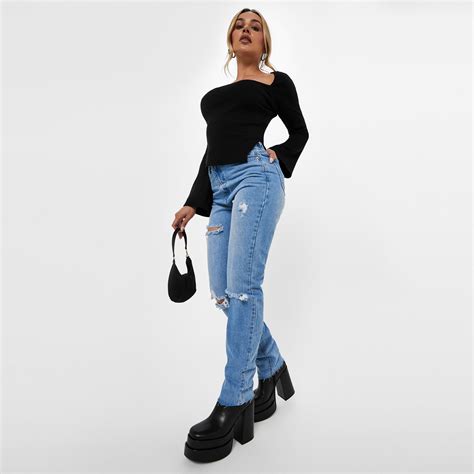 Missguided Ripped Straight Leg Jeans Blue Missguided