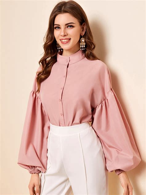 lantern sleeve mock neck blouse shein usa in 2021 mock neck blouse ladies tops casual