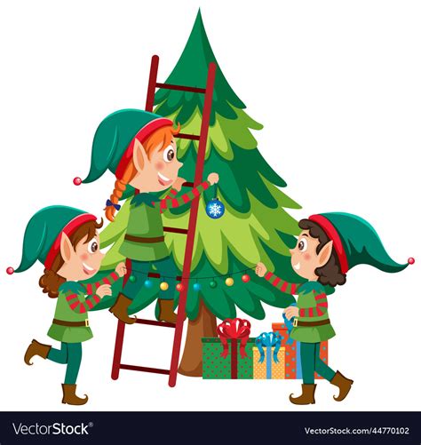 Little Elves With Christmas Tree Royalty Free Vector Image