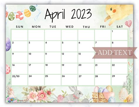 April 2023 Editable Calendar Printable Easter Calendar 2023 Wall
