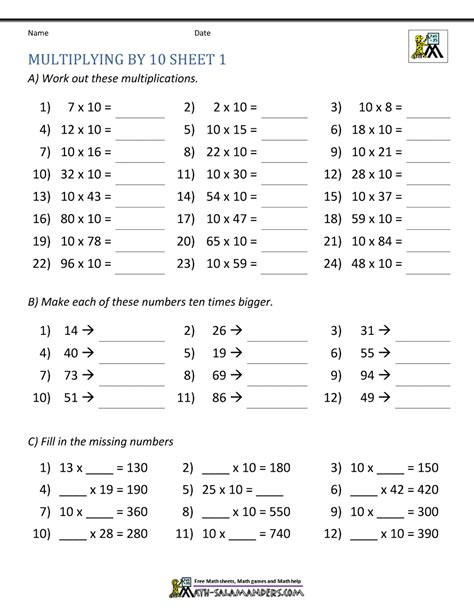 Multiplying By 10 And 100 Worksheets