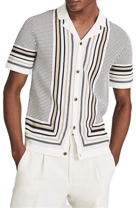 Reiss Appleton Stripe Short Sleeve Knit Button Up Shirt White