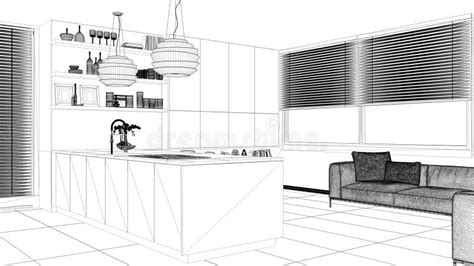 Interior Design Project Black And White Ink Sketch Architecture
