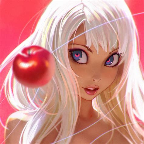 ilya kuvshinov original 1girl apple bare shoulders blurry chromatic aberration depth of