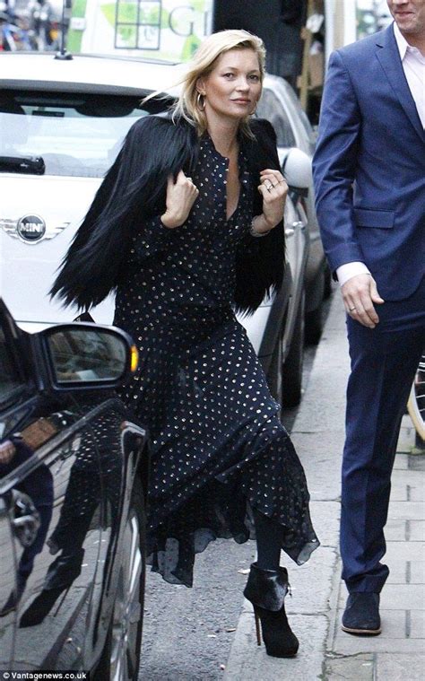 Kate Moss Wears Plunging Chiffon Dress With Black Shaggy Jacket Kate